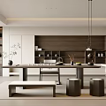 Serene Modern Tea Room Interior With Wooden Shelves Tea Sets Table And Stools