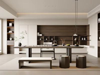 Serene Modern Tea Room Interior With Wooden Shelves Tea Sets Table And Stools 3d model