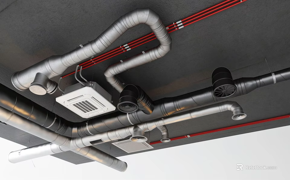 Industrial Ceiling Mounted Pipes With Silver Black Red Tubes And Ventilation Units 3d model 