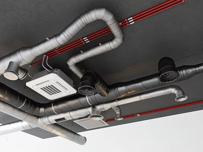 Industrial Ceiling Mounted Pipes With Silver Black Red Tubes And Ventilation Units 3d model