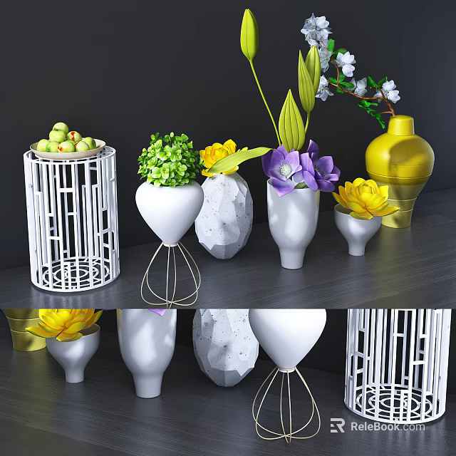 Modern Geometric Vases With Yellow Purple Flowers And Green Plants On Dark Table 3d model 