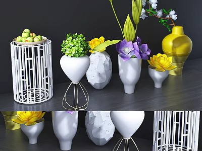 Modern Geometric Vases With Yellow Purple Flowers And Green Plants On Dark Table 3d model