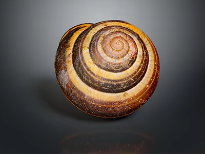 Snail With Spiral Striped Shell In Brown And Yellow On Gray Background With Reflection 3d model