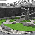 Indoor Garden With Trees Flowers Green Lawn And Stone Path In Modern Space