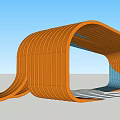 Modern Curved Wooden Pergola Structure With Streamlined Design And Blue Sky