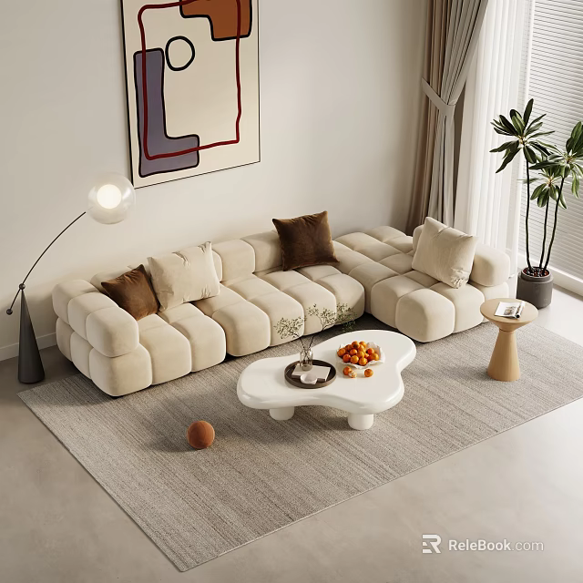 Modern Beige Sectional Sofa In Living Room With Soft Cushions Coffee Table And Plant 3d model 