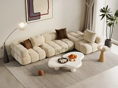 Modern Beige Sectional Sofa In Living Room With Soft Cushions Coffee Table And Plant 3d model