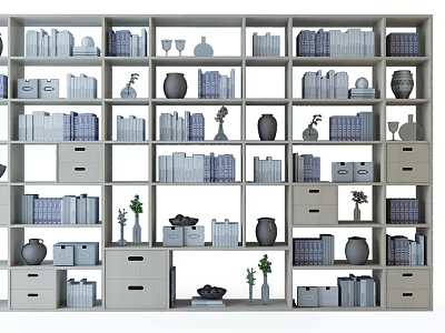 Modern Bookcase Interior Design With Open Shelves Drawers Books And Vases 3d model