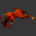 Red Lion Shaped Mythical Creature With Fiery Tail Horns Tattoos Golden Ornaments And Dynamic Pose