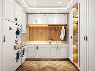 Modern Laundry Room With White Cabinets Washing Machine Dryer Hanging Rack And Herringbone Flooring 3d model