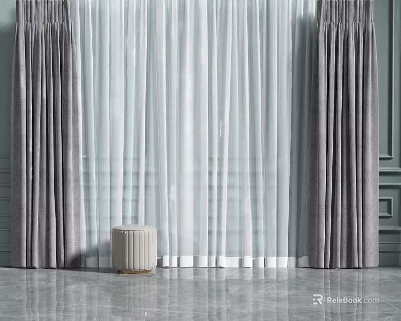 Gray Floor Length Curtains With Sheer White Panels For Home Window Decor 3d model