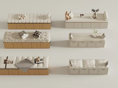 Modern Storage Benches With Upholstered Seats Wooden Bases And Decorative Details 3d model