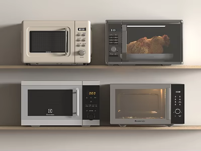 Various Kitchen Appliances With Multiple Microwave Ovens Displayed On Shelf 3d model