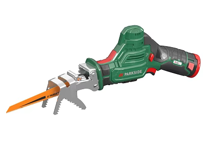 Professional Electric Reciprocating Saw With Green Handle And Orange Cutting Blade 3d model