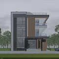 Modern Style Detached Villa With Large Glass Windows Wooden Accents Lawn Trees And Car