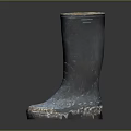Blue Rain Boots With Worn Design And Mud On Soles On Dark Background