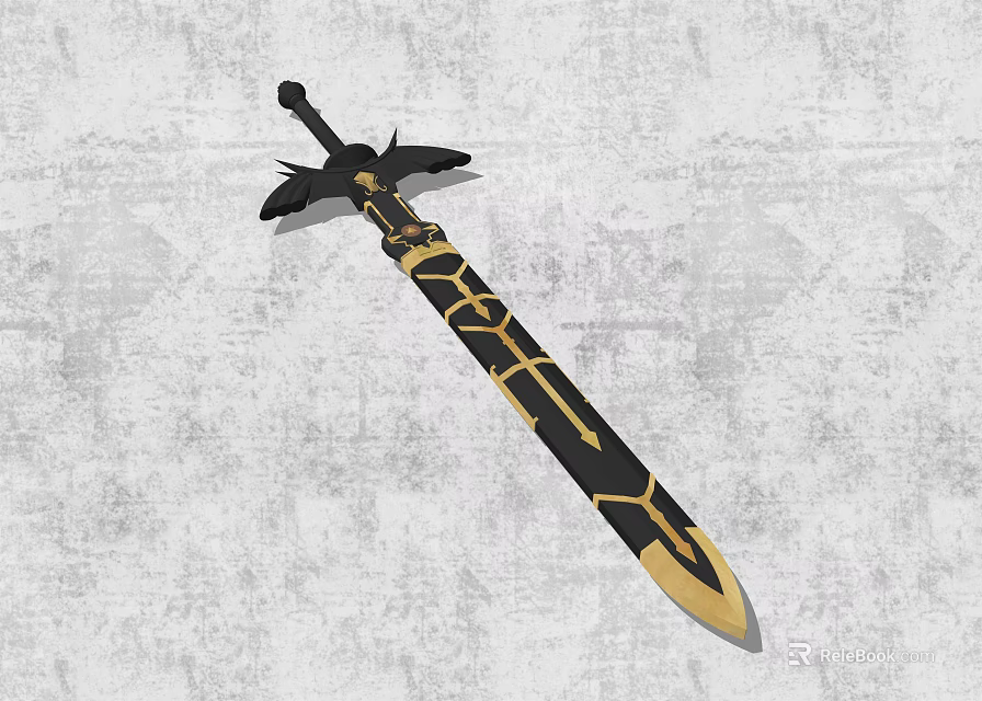 Black And Gold Decorative Sword With Wing Shaped Hilt And Golden Blade Patterns 3d model 