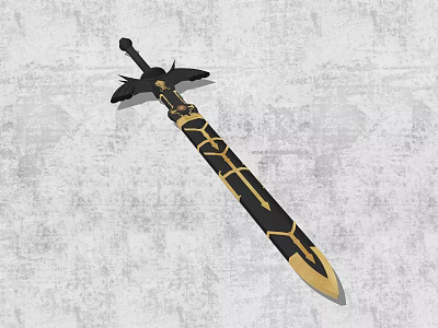 Black And Gold Decorative Sword With Wing Shaped Hilt And Golden Blade Patterns 3d model