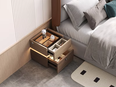 Stylish Modern Wooden Nightstand With Open Drawers Next To Bed In Bedroom 3d model