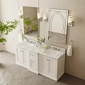 White Double Sink Bathroom Vanity with Marble Countertop Oval Mirrors Wall Sconces and Beige Wall