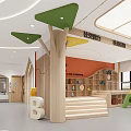 Bright Kindergarten Interior Design With Circular Central Greenery Wooden Structures And ABC Letters