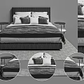 Double Bed Interior With Dark Headboard Pillows Blanket Round Nightstands On Light Gray Rug 3d model