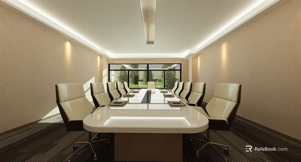 Modern Conference Room With Large White Table Comfortable Chairs Big Windows Green View 3d model