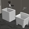 Two White Mop Sinks With Wall Mounted Faucets In Dark Tiled Room 3d model