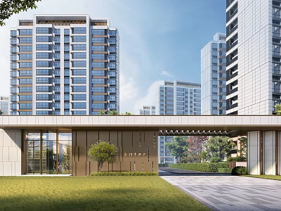 Modern High Rise Residential Entrance Gate With Glass And Metal Design Lawn And Trees Driveway 3d model