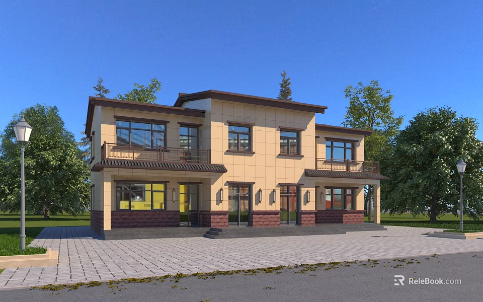 Two Story Detached Villa With Beige Exterior Walls Brown Roof And Balconies Surrounded By Trees 3d model 