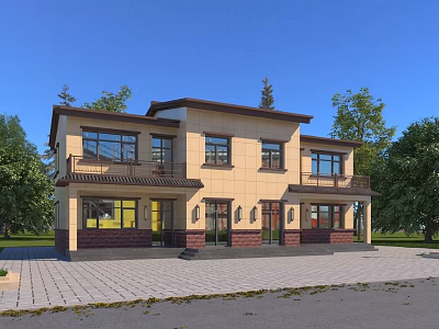 Two Story Detached Villa With Beige Exterior Walls Brown Roof And Balconies Surrounded By Trees 3d model