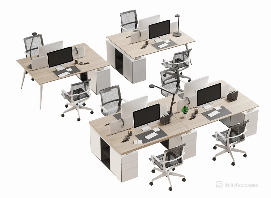 Modern Office Desks Setup With Computers Office Chairs Desk Lamps and Storage 3d model 