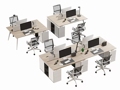 Modern Office Desks Setup With Computers Office Chairs Desk Lamps and Storage 3d model