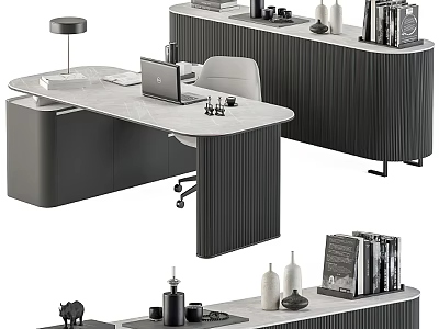 Elegant Modern Office Desk With Laptop Chair Lamp And Storage Cabinets 3d model