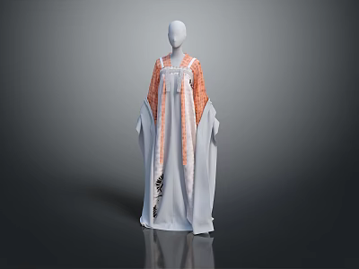 Elegant Long Robe With Orange Patterned Top And Light Gray Flowy Design 3d model