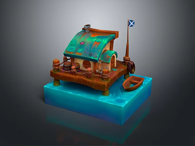 Small Waterfront Cabin With Verdigris Roof Chimney Flagpole And Small Boat On Blue Water Base 3d model