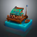 Small Waterfront Cabin With Verdigris Roof Chimney Flagpole And Small Boat On Blue Water Base