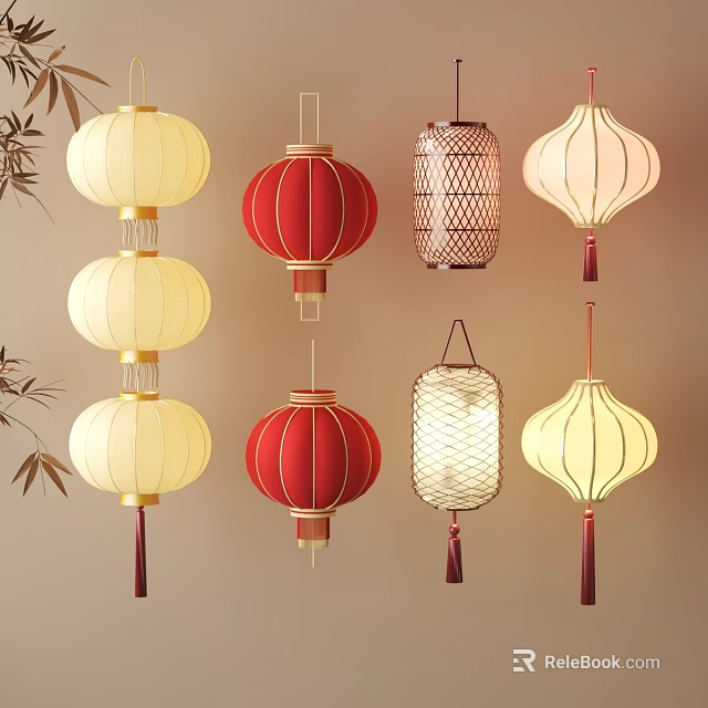 Traditional Chinese Lanterns in Various Styles and Colors Hanging with Bamboo Branches 3d model 