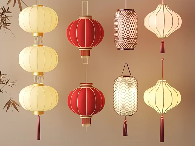 Traditional Chinese Lanterns in Various Styles and Colors Hanging with Bamboo Branches 3d model