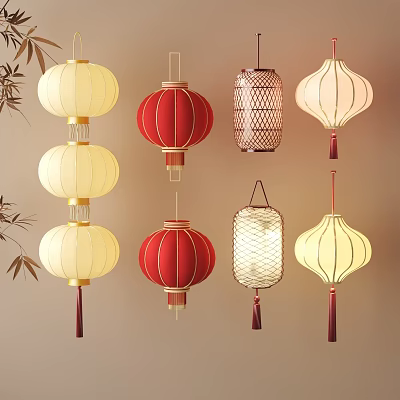 Traditional Chinese Lanterns in Various Styles and Colors Hanging with Bamboo Branches 3d model