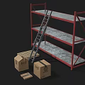 Industrial Storage Shelves With Red Frame Metal Tiers Ladder Cardboard Boxes And Wooden Pallet