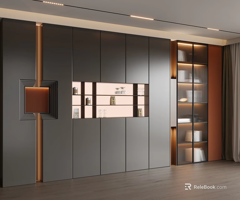 Modern Bookcase Design With Dark Gray Finish Glass Doors LED Lighting And Wooden Accents 3d model 