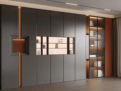 Modern Bookcase Design With Dark Gray Finish Glass Doors LED Lighting And Wooden Accents 3d model