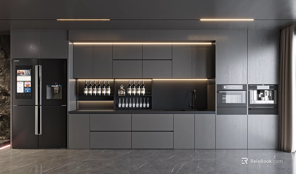 Modern Kitchen Wine Cabinet With Gray Cabinets Wine Racks And Lighting 3d model