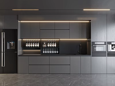Modern Kitchen Wine Cabinet With Gray Cabinets Wine Racks And Lighting 3d model
