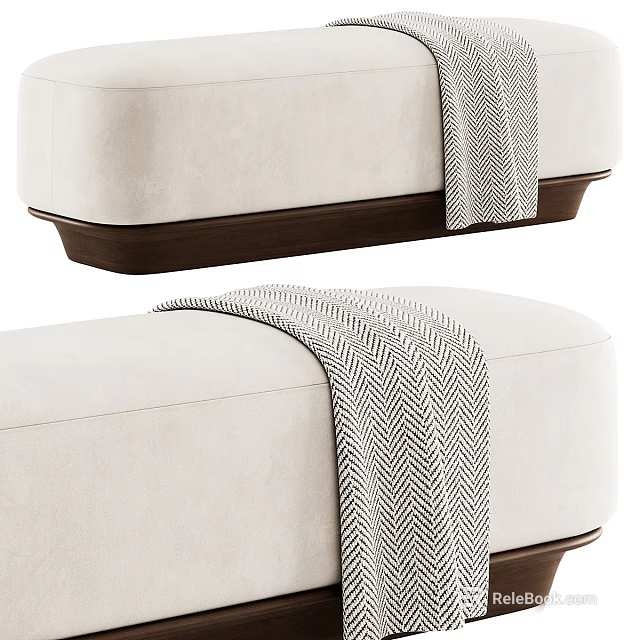 Minimalist Beige Upholstered Ottoman With Dark Wooden Base And Herringbone Throw Blanket 3d model 