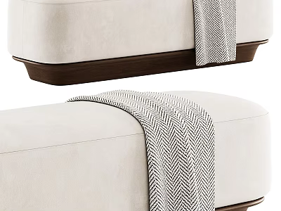 Minimalist Beige Upholstered Ottoman With Dark Wooden Base And Herringbone Throw Blanket 3d model