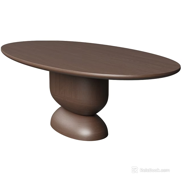 Oval Brown Wooden Dining Table With Stylish Double Layer Curved Base 3d model