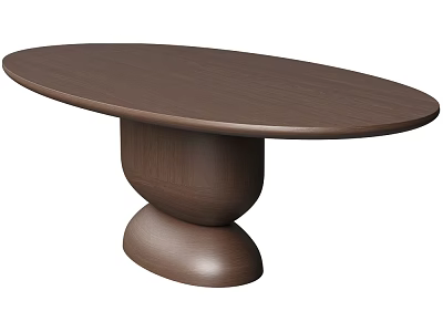 Oval Brown Wooden Dining Table With Stylish Double Layer Curved Base 3d model