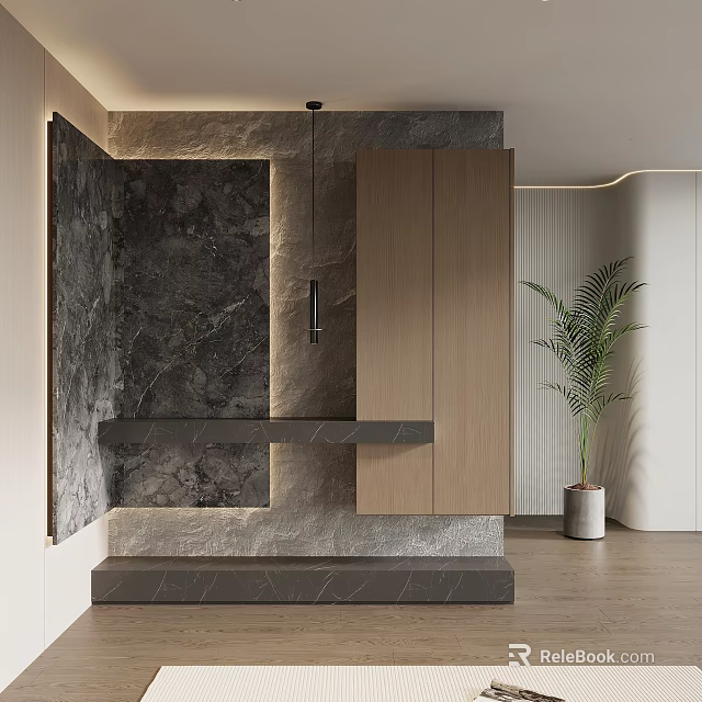Modern Entryway Cabinet And Side Cabinet With Marble Wall Wooden Finish And Decorative Plant 3d model 